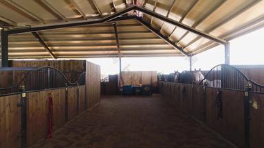 内部视图马种马精品牧场空中多莉拍摄白天马农舍农村训练有素的马术摊位等待屋顶避难所